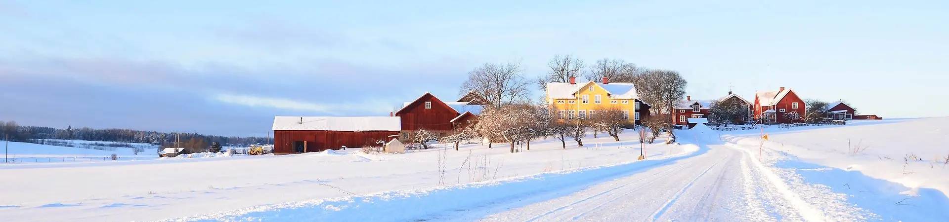 Vy över soligt och ljust vinterlandskap med gula och röda hus långt bort