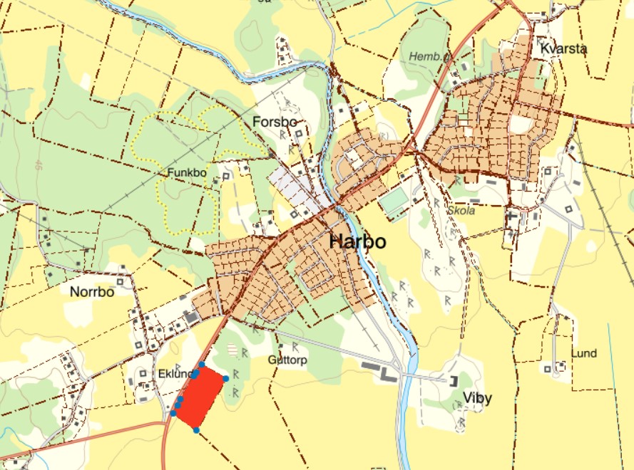 Karta över detaljplanområde verksamhetsmark i Harbo