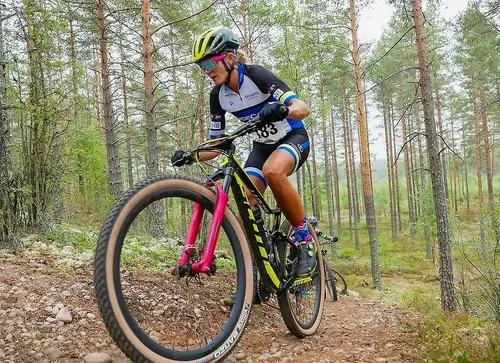 Kvinna cyklar i skogen