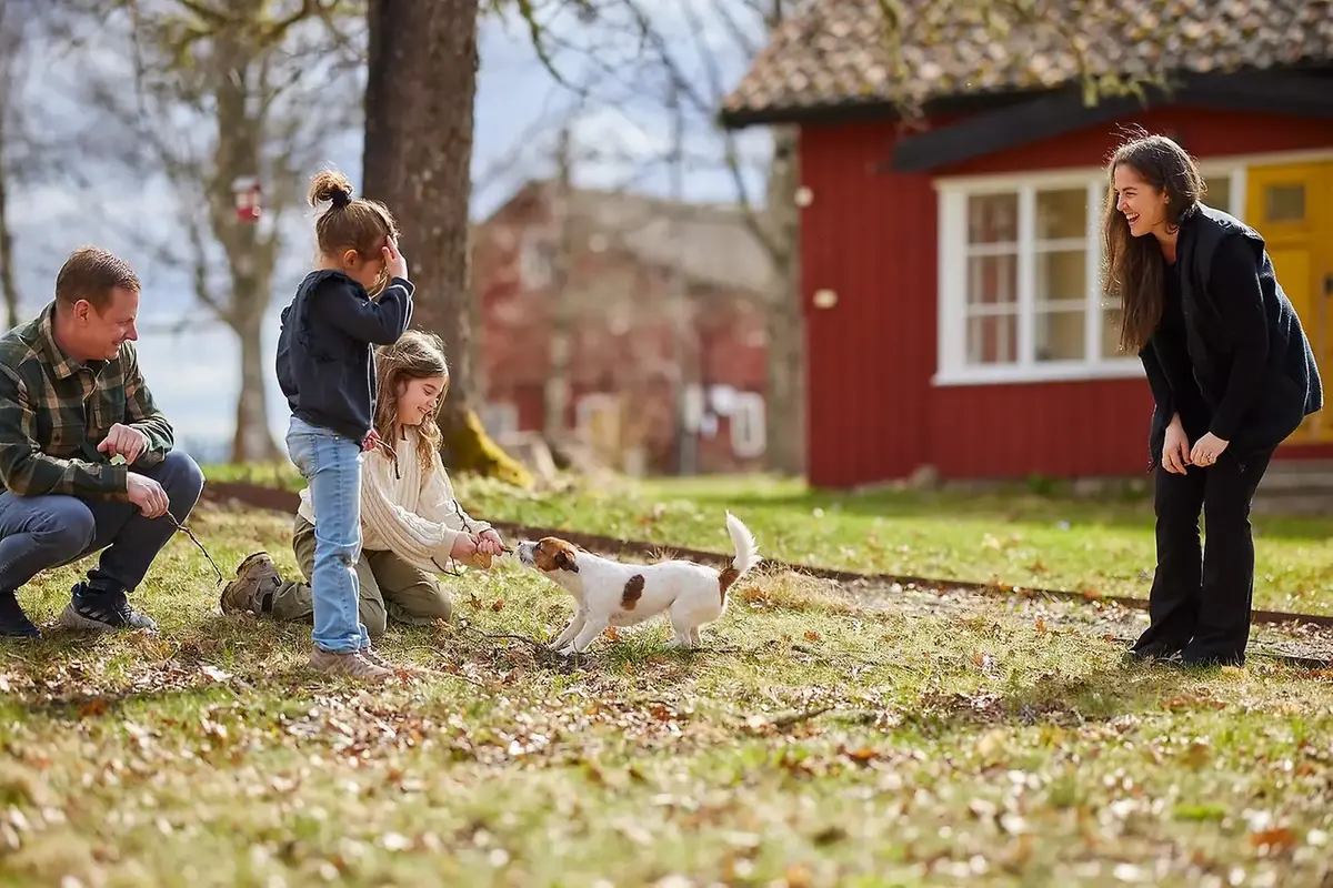 Familjen i Vittinge ute på sin gräsmatta och leker med sin hund